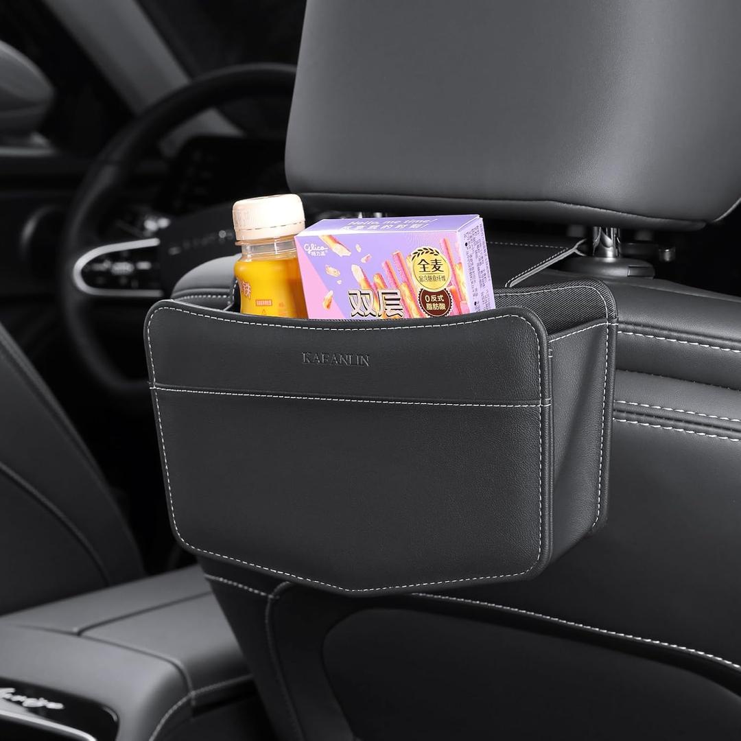 Car Trash Can Small Leather Vehicle Trash Bin Car Dustbin Garbage Organizer Holder with Trash Bag Foldable Mini Cars Storage Bag Container for Auto SUV Van Trucks (Black,Hanging Hook)