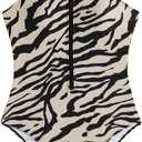 Floerns Women's Zebra Print Sleeveless One Piece Rash Guard High Neck Zipper Surfing Swimsuit, Medium