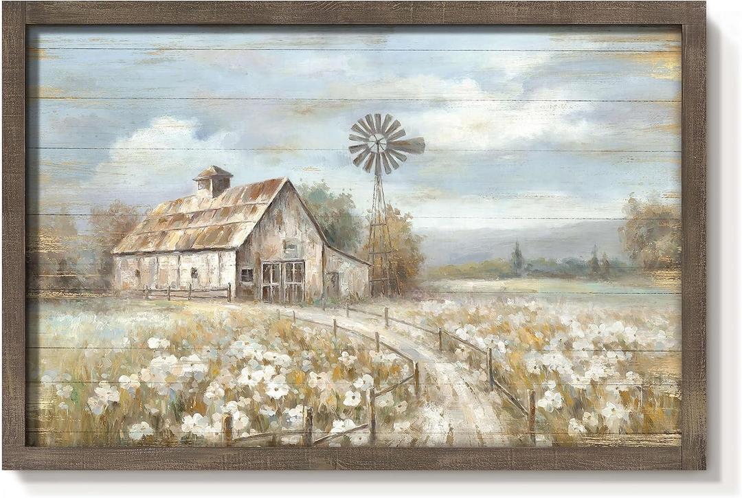 Barn Framed Wall Art Decor: Rustic Farmhouse Wooden Picture Countryside Windmill Meadow Painting Blue Sky and Wild Flowers Prints Artwork for Bedroom Kitchen 36'' x 24''
