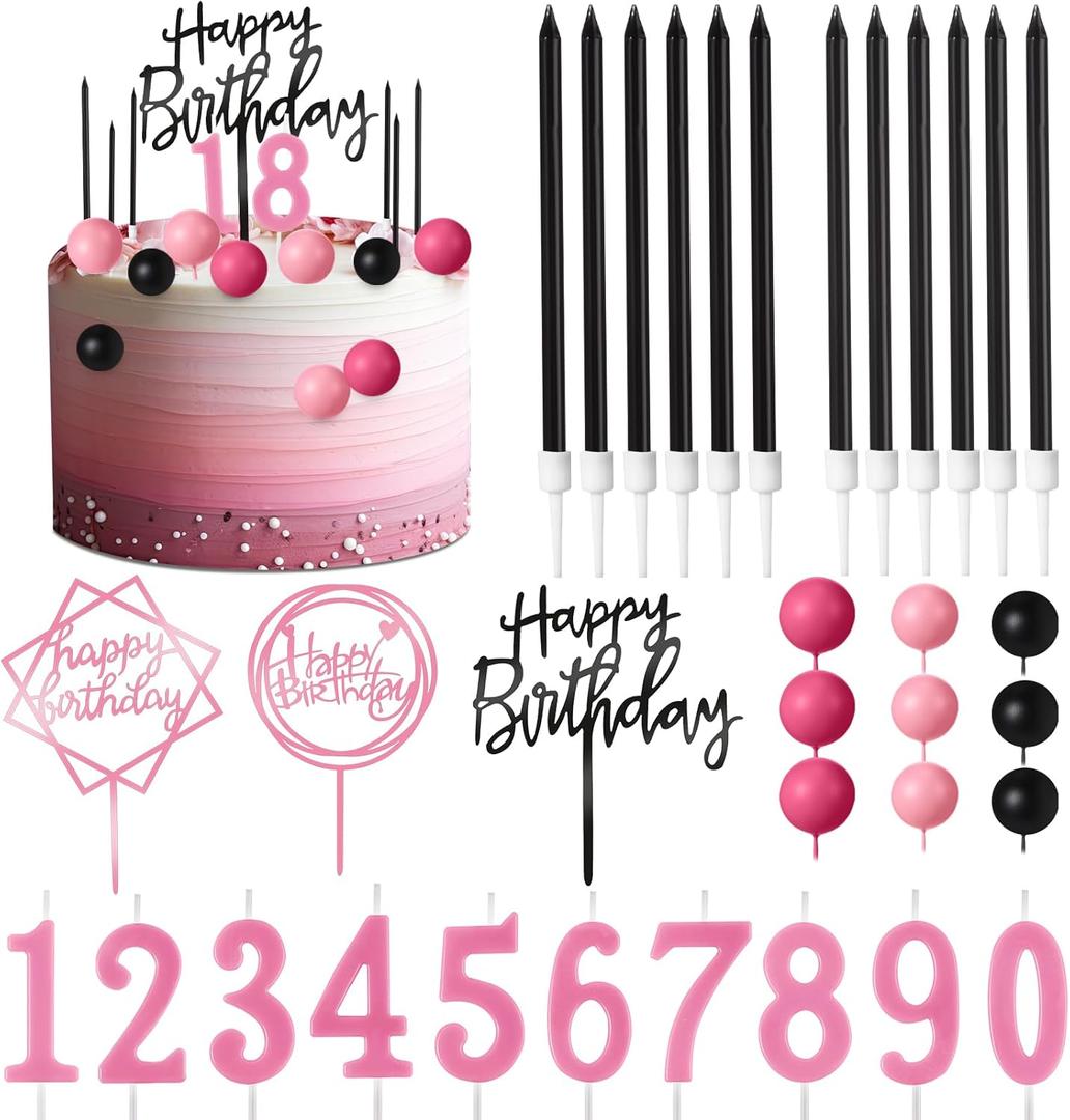 Yerliker 34 Pcs Happy Birthday Cake Toppers Decorations Birthday Candles DIY Cake Decor for Men Women Wedding Anniversary(Black Pink Rose Red)