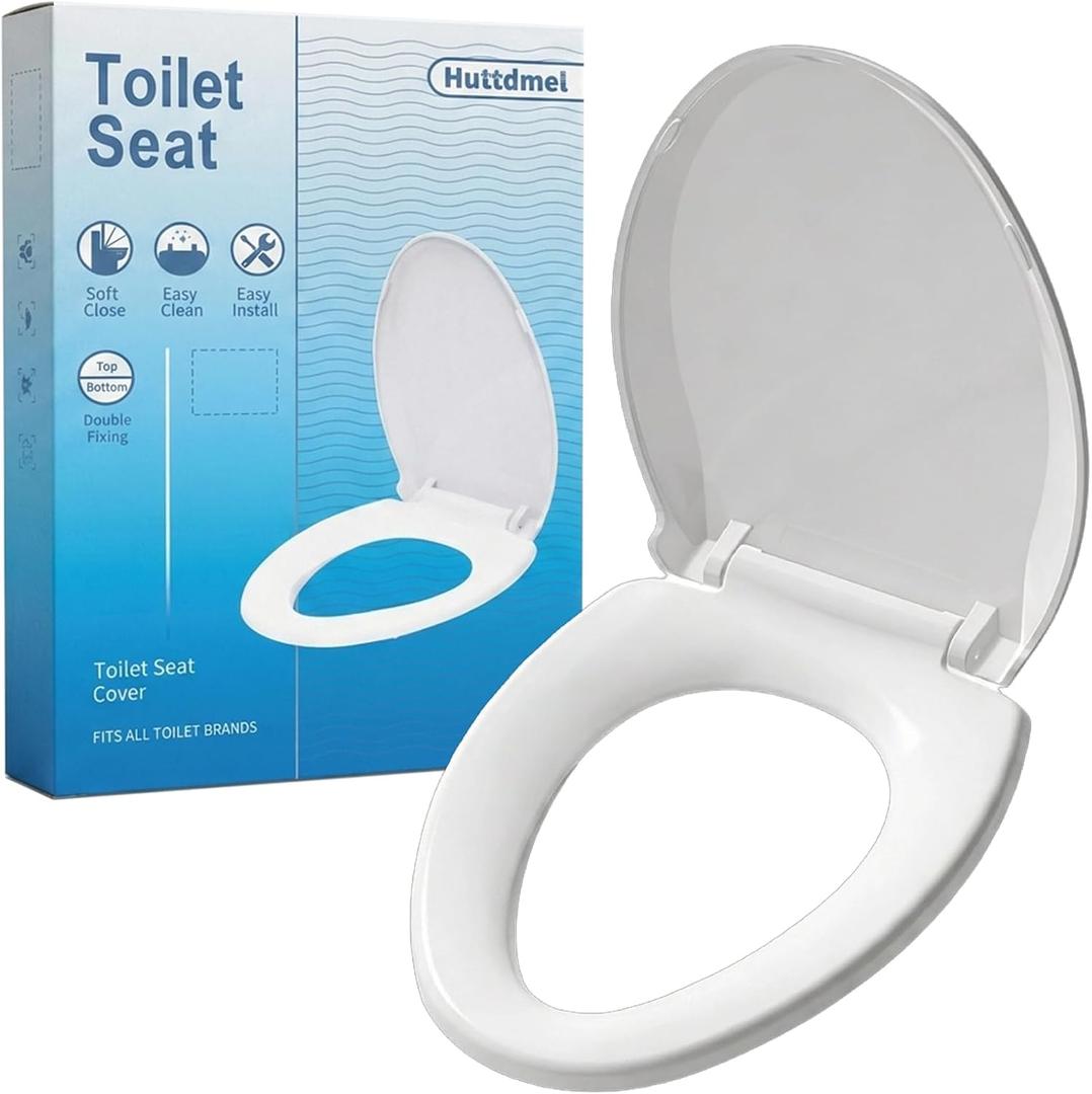 Huttdmel Elongated Toilet Seat 18.5", Soft Close Quiet Lid, Top & Bottom Mount, Never Loosen Hinges, Easy Install, Heavy Duty PP No Yellowing, Fits Standard Elongated Toilets, White