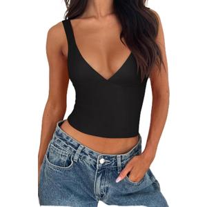 REORIA Women's Summer Sexy Deep V Neck Sleeveless Slim Fit Trendy Y2k Corset Cami Crop Tank Tops (Medium, Black)