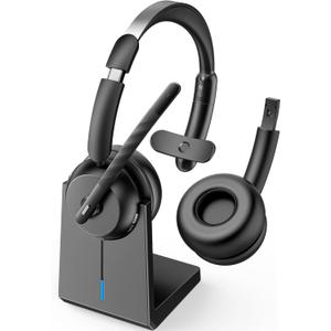 COSMUSIS Wireless Headset with Mic for Work, Bluetooth 5.3 Headsets with Microphone and Detachable Earpads, 50H Playtime with Charging Base, Noise Cancelling Headphones for Work with Mic Mute