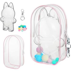 2PCS Clear Figure Display Bag Case for LABU,Cases for Blind Box Doll,Protective Case for Plush Doll,Doll Storage Bag,Clear Hanging Display Case Suitable for Dolls Under 17 CM (Pink)