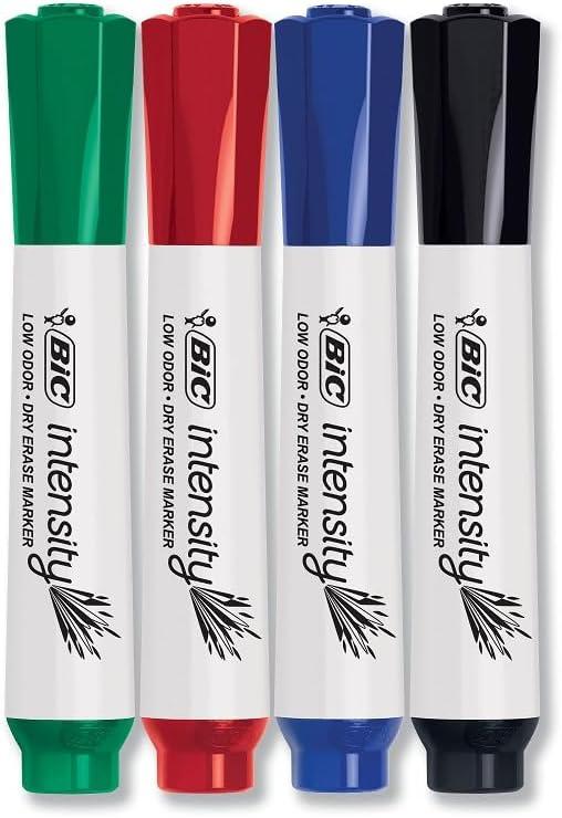 BIC Intensity Low Odor Dry Erase Markers, Assorted Colors, Chisel Tip, 4-Count Pack of Erasable Markers With Low-Odor Ink for a Pleasant Writing Experience