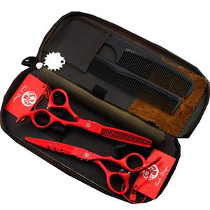 Purple Dragon Professional Japan 440C Hair Salon Cutting Shear and Barber Thinning Scissor Hairdressing Shear Set with Bag (5.5 Inch, Red)