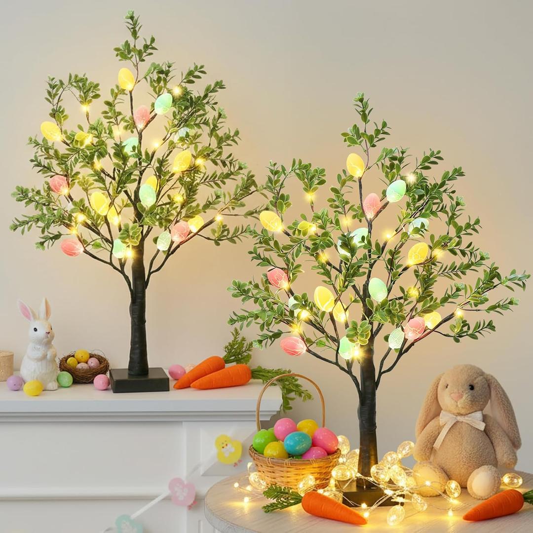 EAMBRITE Easter Decorations Easter Tree with Eggs, 2Ft Tabletop Tree with 24 LED Lights, Lighted Artificial Tree Battery/USB Operated Light up Easter Egg Tree for Spring Home Decor (2 Pack) (Green)