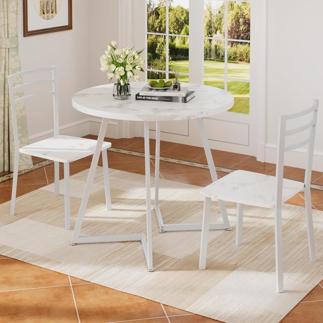 VECELO Small Round Dining Table Set for 2, Wood Tabletop with Strong Metal Frame, Modern Dinette with Chairs for Kitchen, Breakfast Nook Living Room, Faux Marbled & White (31.5 inches diameter)