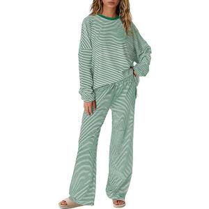 Yanekop Womens Striped Lounge Set Long Sleeve Matching Sets Oversized Pajama Sets Striped Shirt Wide Leg Pants,L