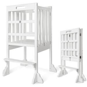 WOOD CITY Kitchen Step Stool Helper - Montessori Foldable Standing Tower for Toddlers with Safety Rail, Height Adjustable Ideal Helper for Learning New Skills, Natural Pure Pine Wood(White)
