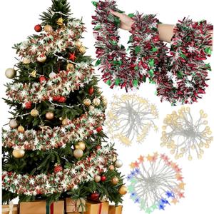 Christmas Tinsel Garland, 50Ft Metallic Tinsel Twist Garland Shiny Hanging Decoration for Home Window Fireplace Indoor Outdoor, Xmas Garlands Ornaments Christmas Tree Decoration,Green Red
