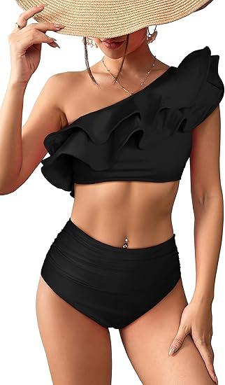 SPORLIKE Women High Waisted Swimsuit Flounce One Shoulder Bikini Padded Bathing Suit, Size XL