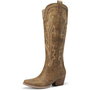 DREAM PAIRS Women's Embroidered Western Pull-On Knee-High Cowboy Boots (XXL)