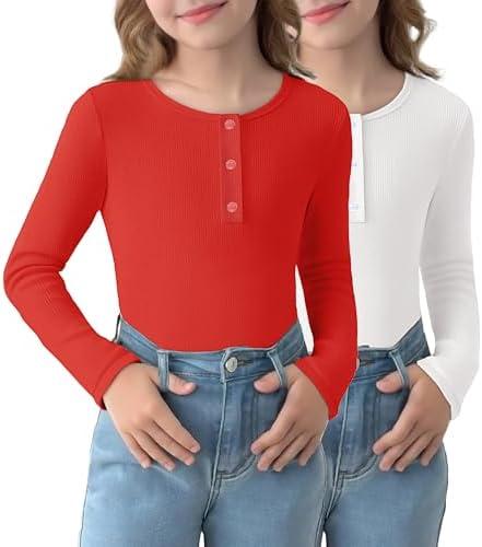 Arshiner 2 Pack Girls Long Sleeve Henley T Shirts Button Down Slim Fit Tops Round Neck Ribbed Knit Shirts M