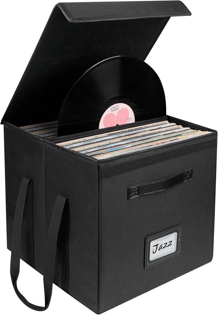 Uniclife Vinyl Record Storage Box, Collapsible LP Storage Organizer with Lid & Handles, Splash-Resistant Album Storage Crate for 80 Single Records (12"), Black Vinyl Record Holder, 13" 13" 13"
