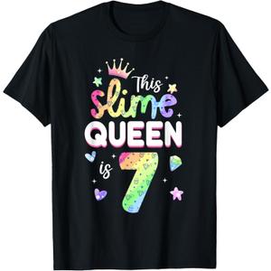 This Slime Queen is 7 Year Old 7th Birthday Shirt for Girls T-Shirt (Black, L)