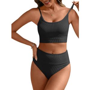 ANRABESS Women High Waisted Bikini Sets Color Block Summer Beach Vacation 2 Piece Bathing Suit Tummy Control Ribbed Swimsuit (Small, Black)