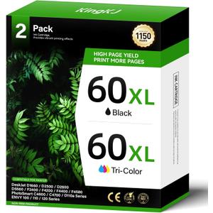 60XL Ink Cartridge Combo Pack Replacement for HP60XL 60 DeskJet F4480 D2530 F4280 D2680 F2440 F4400 F4580 ENVY 110 120 111 114 PhotoSmart C4780 C4680 C4795 C4640 C4650 D110a Printer Inkjet Black Color