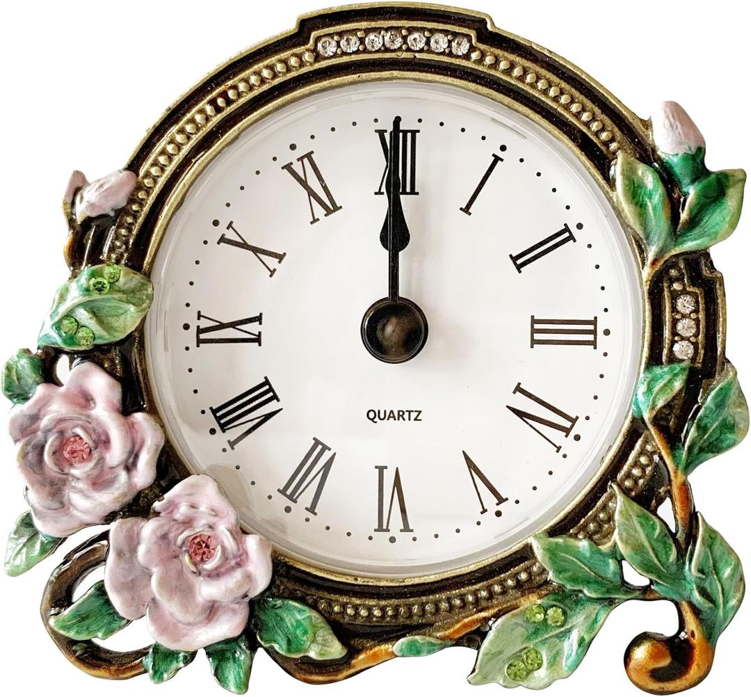 Silent Mini Vintage Analog Table Clock with Hand-Painted Metal Body and Battery Operated Non-Ticking Core for Shelf, Bedroom, Bedside, Desk, Gift Clock (Purple Rose)