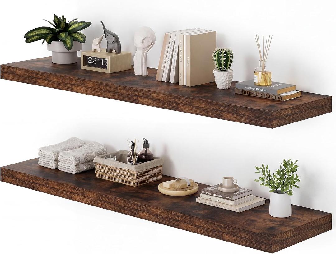 Heimlove 48W x 12D Long Floating Shelf, 12 Inch Deep Floating Shelves for Wall Set of 2, Wood Shelves for Bedroom Living Room Bathroom Kitchen Home Office, Rustic Brown, 47.2"W x 11.6"D x 1.5"H, 2 Pack