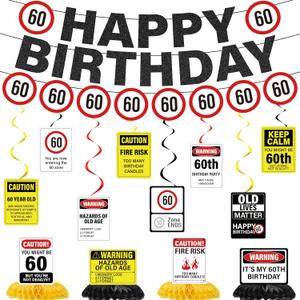 60th Birthday Decorations Women Men - 15 Pcs Caution Logos Banners Garland Hanging Swirls Funny Centerpieces Table Decor For Her Him Cheers To 60 Years Party Supplies (Black Red)