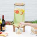 2.5 Gallon Drink Dispenser with Wood Lid & Stand, Large Glass Beverage Dispenser with Stainless Steel Spigot, Lemonade Pitcher for Parties, Weddings, Iced Tea, Water