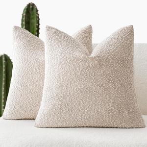 2 x Foindtower Pack of 2, Decorative Textured Boucle Throw Pillow Covers Accent Solid Pillow Cases Cozy Soft Couch Cushion Case for Chair Sofa Bedroom Living Room Home Decor 22 x 22 Inch Ivory Beige