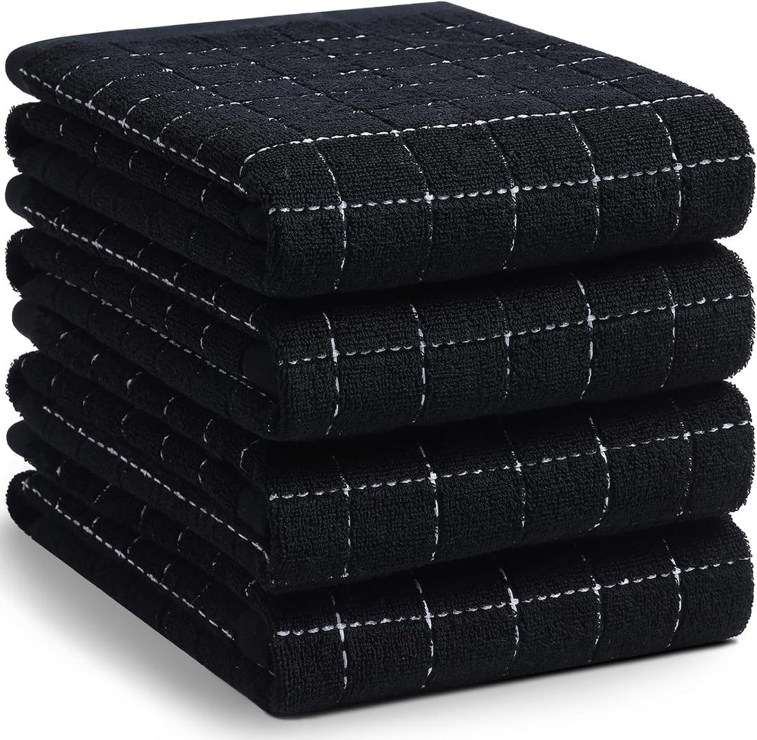 Homaxy 100% Cotton Terry Kitchen Towels(Black, 20 x 28 inches), Checkered Designed, Soft and Super Absorbent Dish Towels, Large 4 Pack (Black)