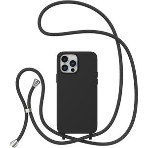 ZTOFERA Crossbody Case for iPhone 15 Pro Max with Lanyard Strap Adjustable Rope, Liquid Silicone Soft Cover for iPhone 15 Pro Max 6.7 inch-Black