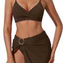 SUUKSESS Women Twist High Waisted Bikini Set Metal Cover Up 3 Piece Swimsuits (Brown, M)