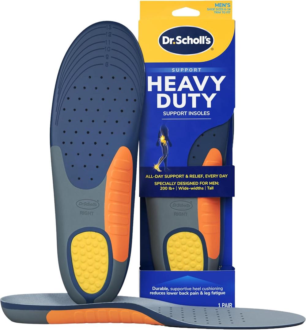 Dr. Scholl's Heavy Duty Support Insole Orthotics, Big & Tall, 200lbs+, Wide Feet, Shock Absorbing, Arch Support, Distributes Pressure, Trim to Fit Inserts, Work Boots & Shoes, Men Size 8-14, 1 Pair (1 Count (Pack of 1))