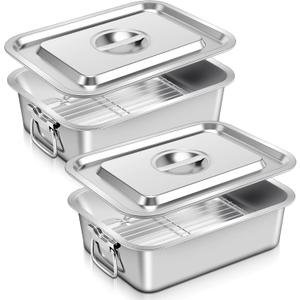 2 Pack 4 Inch Deep Lasagna Pans with Lid, Rack, Handle, 14.2 x 11 Inch 7.4 Qt Large Stainless Steel Nonstick Lasagna Baking Roasting Casserole Dishes, for Oven, Dishwasher, Family Cooking