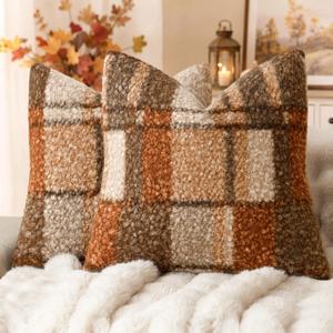 Foindtower Pack of 2 Soft Faux Fur Boucle Throw Decorative Pillow Covers Fuzzy Accent Check Cushion Sherpa Boho Farmhouse Pillowcase for Couch Sofa Bed Living Room Home Decor 18x18 Inch,Autumnal