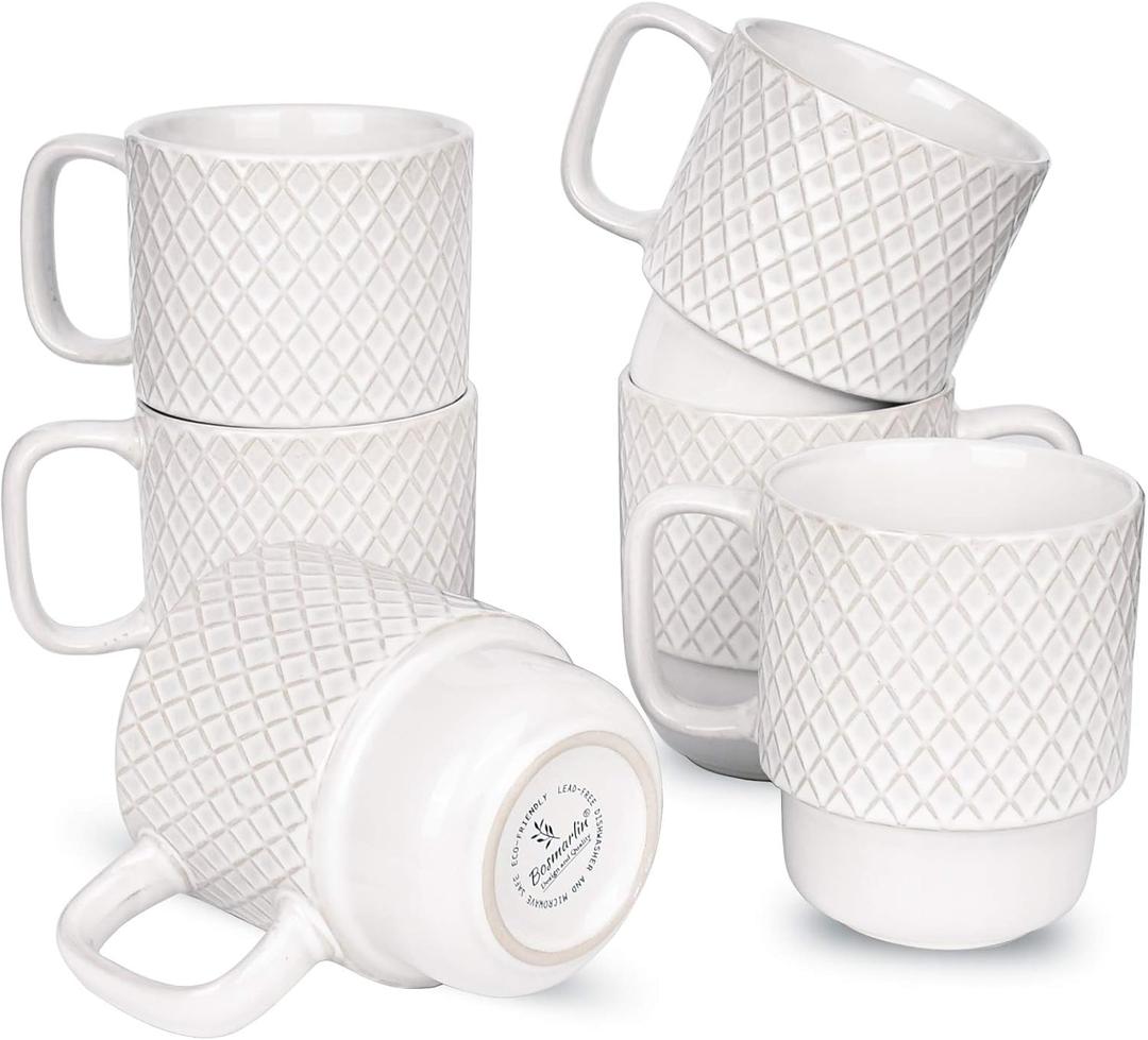 Bosmarlin Large Ceramic Stackable Coffee Mugs Set of 6, 17 Oz, Dishwasher and Microwave Safe (White, 17 Oz)