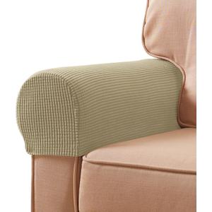 SUBRTEX Stretch Couch Arm Covers Set of 2, Checkered Sofa Arm Slipcovers, Anti-Slip Armrest Covers for Recliner and Armchairs, Pet Proof, High Stretchy, Hook & Loop Tape, Beige