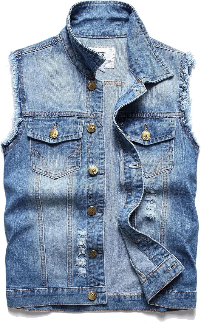 Ginsiom Men's Denim Vest,Sleeveless Jacket Slim Fit Vintage Casual Ripped Summer Jean Vest for Men, Size S