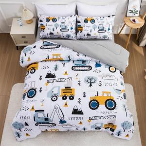 NTBED 5 Pieces Construction Truck Twin Comforter Set for Boys Kids Forest Vehicles Excavator Lightweight Microfiber Bedding Sets (Grey Blue)