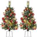 Set of 2 Outdoor Pathway Christmas Trees with Lights, 30in Prelit Battery Operated Artificial Xmas Tree Holiday Dcor for Porch, Urn & Planter Filler, Red Berries, Pine Cones, Ball Ornaments