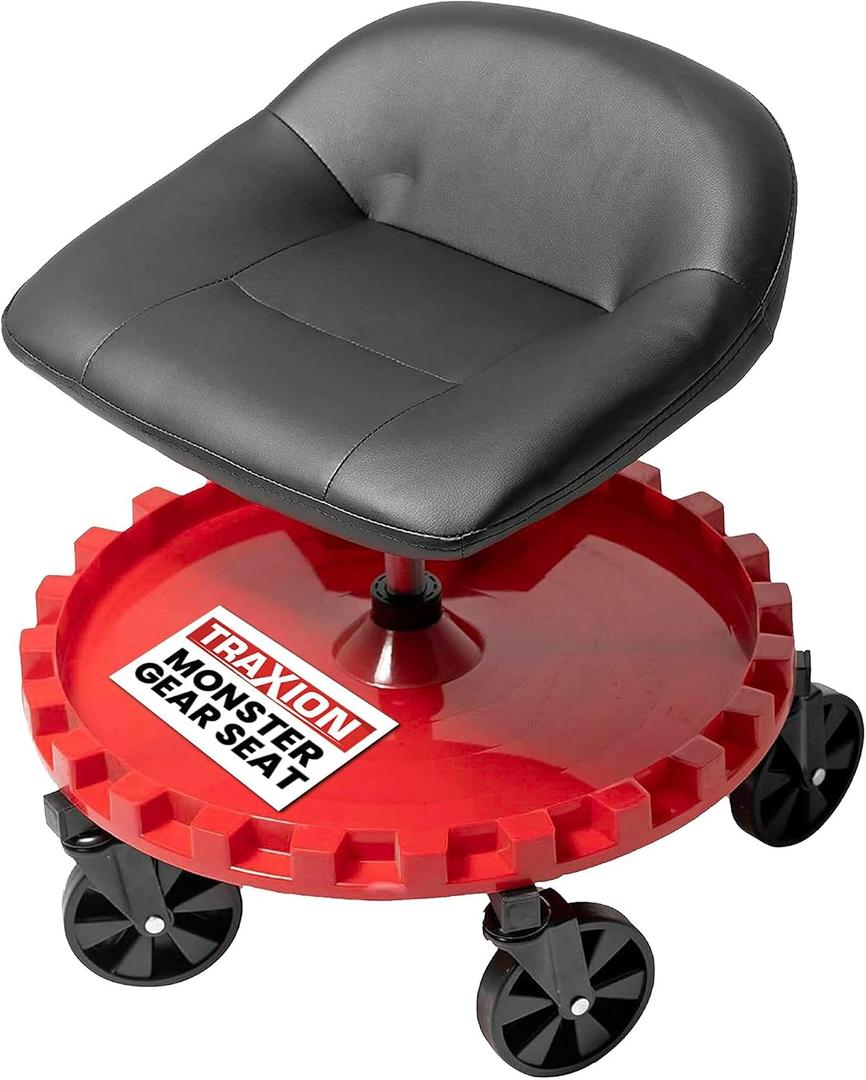 Traxion 2-230 Monster Rolling Padded Mechanic Stool Seat Garage Shop Roller Work Chair with Wheels and Tool Tray, Heavy-Duty 400-lb Capacity, All-Terrain 5" Casters, Black Red