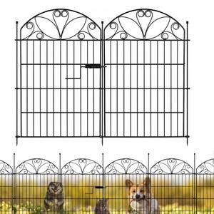 12 Panels No Dig Garden Fence with Gate, 32" H x 22.4ft, Decorative Metal Animal Barrier Dog Fence Outdoor for Yard, Walk-Through Iron Fencing for Flower Bed, Patio & Lawn
