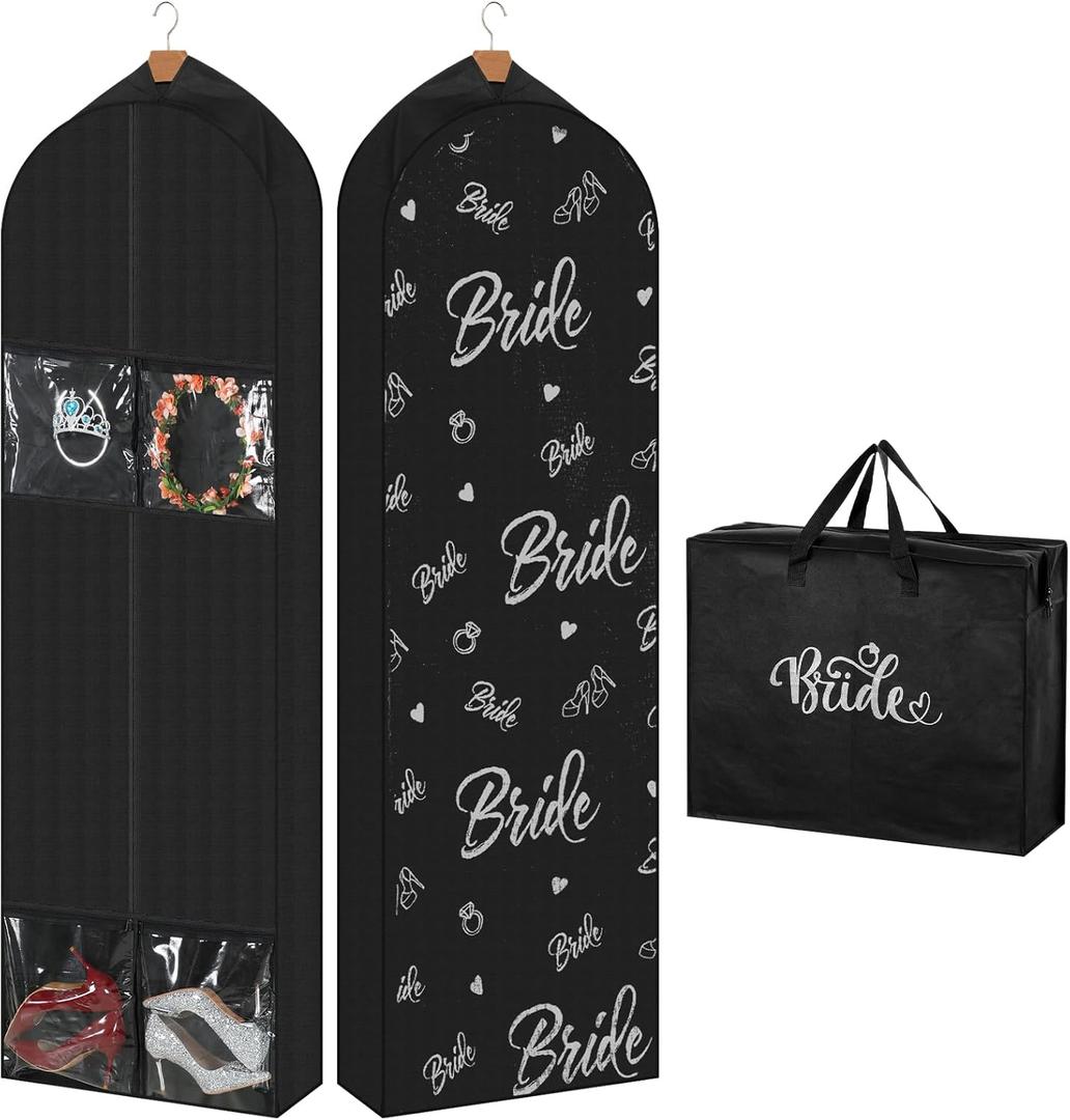 2 Packs 70" Wedding Dress Garment Bag with 8" Wedding Garment Gusseted Tote Bag for Storage and Travel Prom (Black)