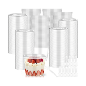 Jingmore 400 Pcs 9 oz Plastic Dessert Cups with Lids,200 Pcs Clear Disposable Parfait Fruit Cups and 200 Spoons,Appetizer Party Containers for Yogurt Puddings Ice Creams Cake Cold Drink (Flat)