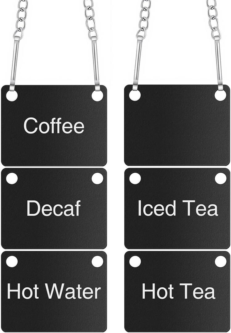 6 Pack Hanging Coffee Labels Airpot Labels Chain Signs, 2.36" x 1.77" Acrylic UV Printed with Chain for Restaurant Beverage Table Display(Coffee/Decaf/hot Tea/iced Tea/hot Water/Blank)