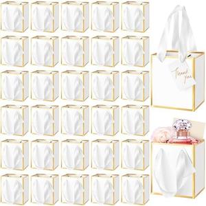 Yeaqee 50 Pcs Mini Metallic Paper Gift Bags with Handles 4x2.75x4.5'' Tiny Small Gift Bags with Thank You Tag for Christmas Wedding Birthday Welcome Return Gifts Small Business(White, Gold)