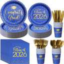 700pcs Class of 2026 Graduation Plates and Napkins Set, Disposable Paper Plate Set Polka Dots Napkins Cups Knife Fork Spoon for Graduation Party Decorations and Supplies,Serve 100 (Blue Gold