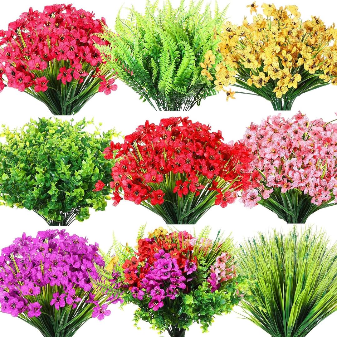 Zeyune 56 Bundles Fall Artificial Flowers Outdoors Fake Autumn Orange Plastic Eucalyptus Plant Faux UV Resistant Shrubs Greenery for Thanksgiving Outdoor Indoor Garden Porch Window Box Hanging Decor, Red