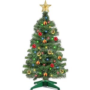 [ Remote Control & 12 Modes ] 3 Ft Christmas Tree with Timer 50 Warm White & Multi Color Lights, 15 DIY Ornaments 3D Star Topper  Artificial Small Green Christmas Tree for Home Indoor Tables  Green