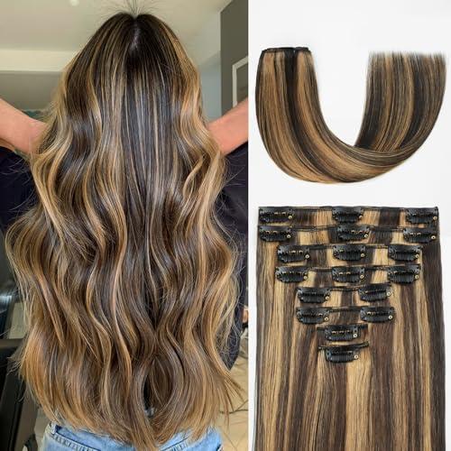 ZNXDJXE Clip in Hair Extensions Real Human Hair, 18 Inch 100g, 2/6 Dark Brown to Chestnut Brown, Invisible Seamless Remy Human Hair Clip in Extensions for Women 8pcs Per Set with Double Weft