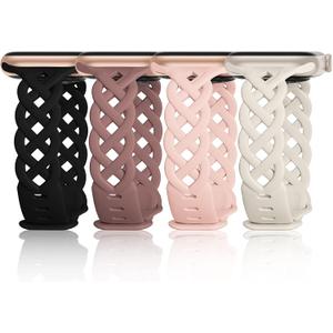 iWabcertoo Slim Silicone Bands for Apple Watch Band 40mm 38mm 41mm 42mm 44mm 45mm 49mm Braided Lace Thin Wristbands for iWatch SE Series 8 7 6 5 4 3 2 1, Black/Starlight/Violet Smoke/Sand Pink