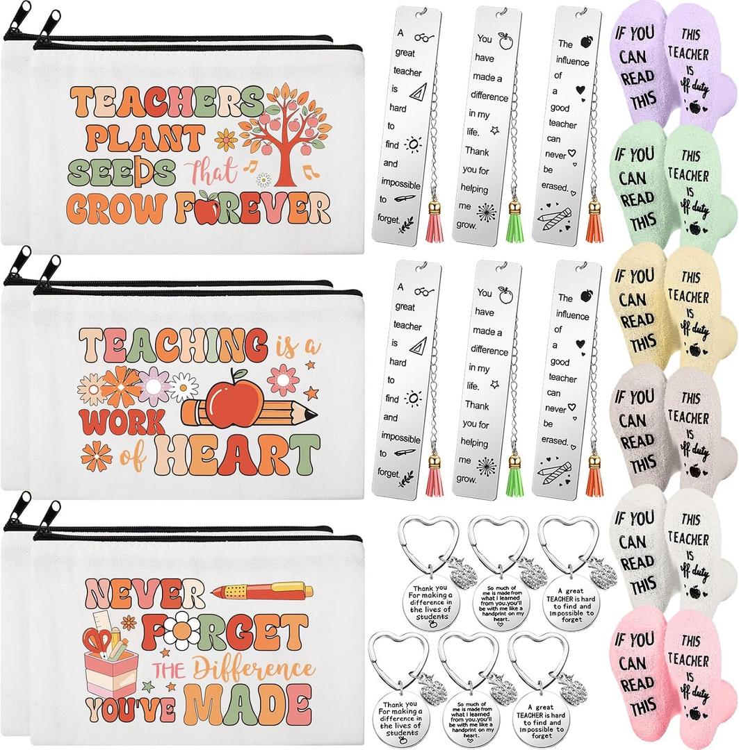 Paterr 24 Pcs End of Year Teacher Gifts Bulk for Women Thank You Gifts Including Socks Makeup Bags Keychain Metal Bookmark for Graduation(Heart Teaching,Fleece)